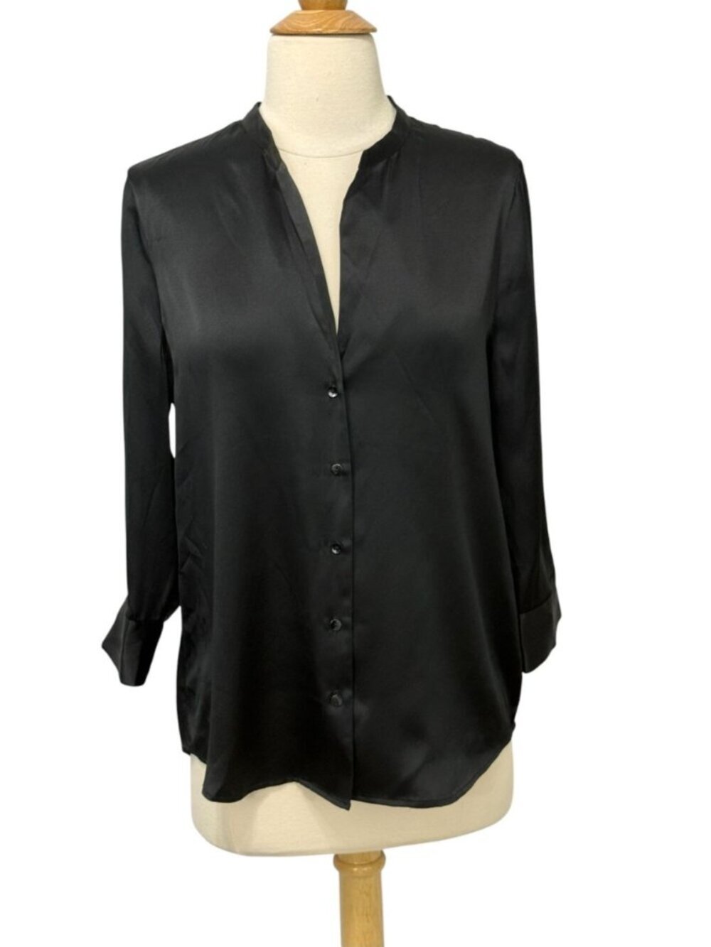 L'Agence Women's Aoki Black Silk Blouse Band Collar 3/4 Sleeve Button-Up Size S